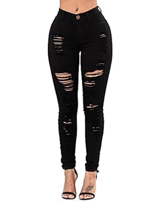 TKMUNY Women's High Rise Stretch Skinny Ripped Jeans Distressed Denim Leggings | Amazon (US)