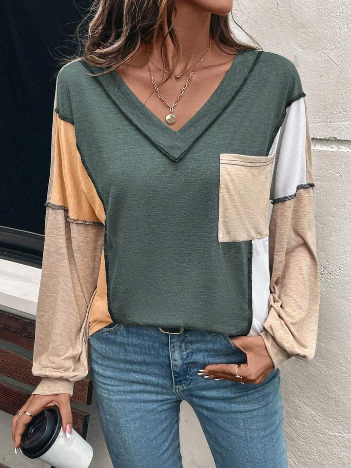 SHEIN EZwear Women's Color-Block V-Neck Long Sleeve Casual Loose T-Shirt, Spring & Summer | SHEIN