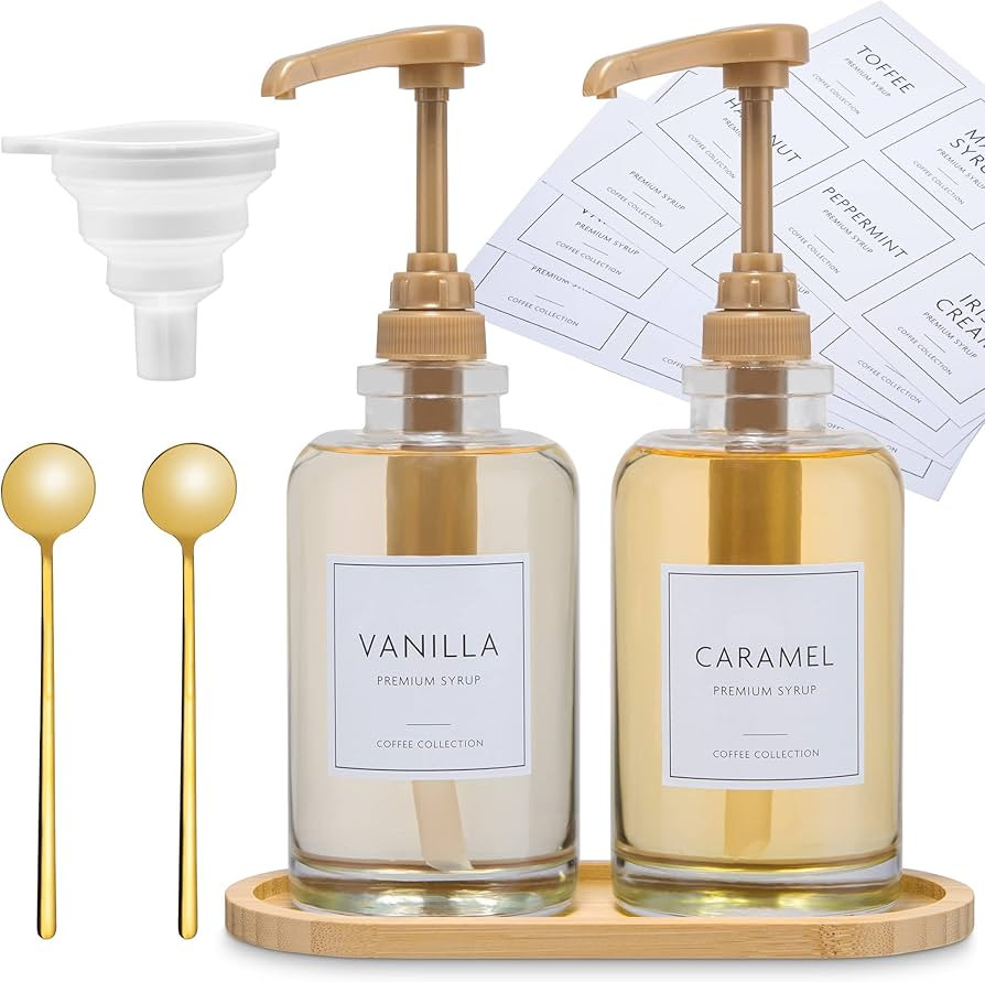 Coffee Syrup Dispenser Set of 2 - The Ultimate coffee bar accessories, Includes 16.9oz Glass Syru... | Amazon (US)