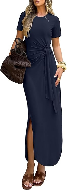 Prinbara Womens Summer Maxi Tshirt Dress Casual Short Sleeve Tie Waist Long Dresses 2026 Spring B... | Amazon (US)