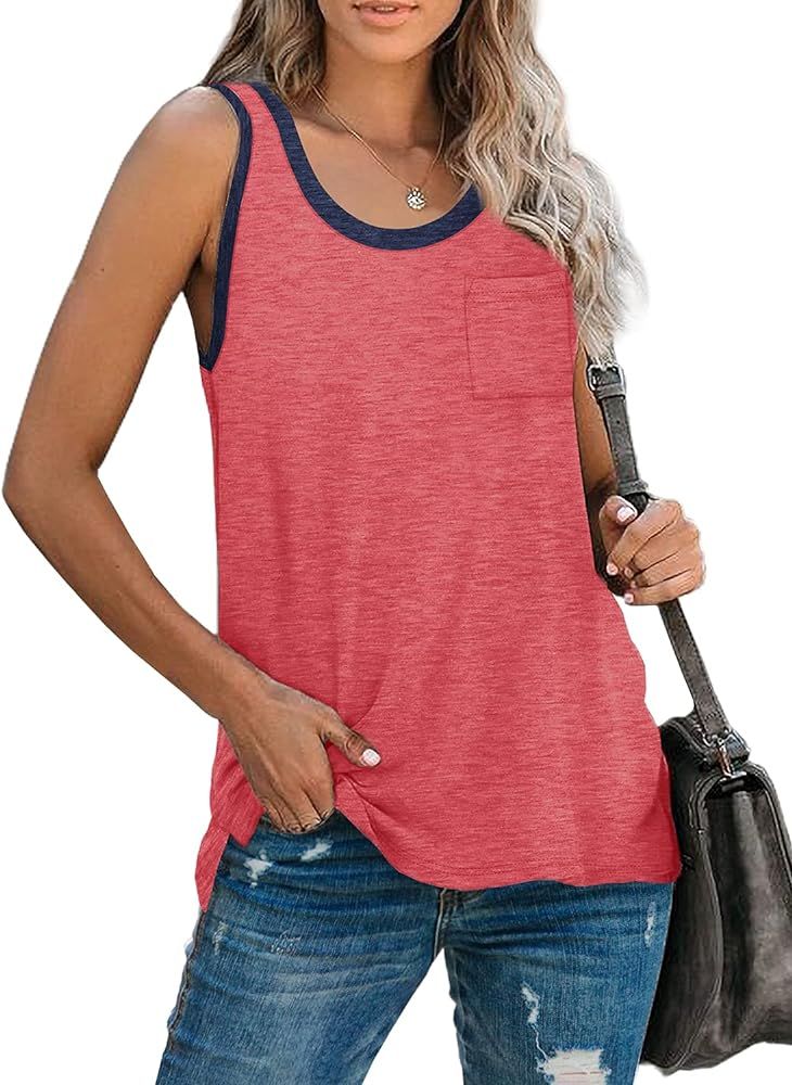 WIHOLL Womens Tank Tops Summer Loose Fit Color Block Casual Sleeveless Tshirts | Amazon (US)