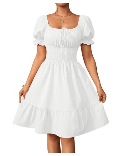 Floerns Women's Short Puff Sleeve Tie Front Milkmaid Dress Ruffle Hem A Line Dress | Amazon (US)