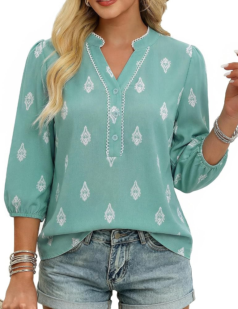 GRACE KARIN Boho Tops for Women Summer, Dressy Casual Floral Blouses, V Neck Button Up 3/4 Sleeve... | Amazon (US)