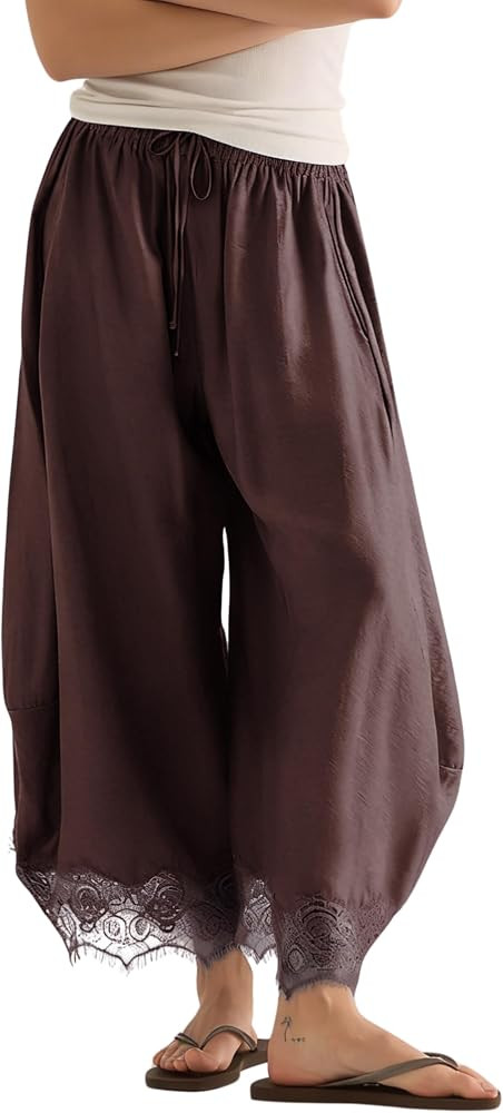 PUWEI Women's Cropped Lace-Hem Pants High Waisted Drawstring Wide Leg Pants Casual Lightweight Tr... | Amazon (US)