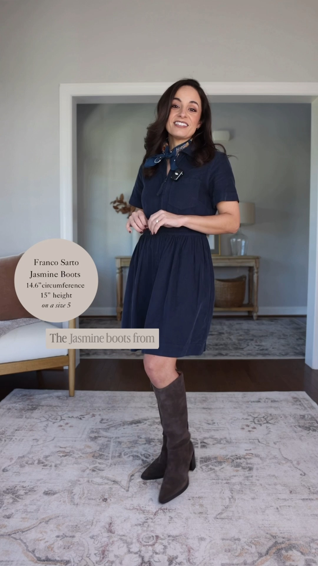 Knee high boots for petites from @nordstromrack #ad

Jasmine Boots (Franco Sarto): tts / 13.9” height at lowest point, 15” at highest / 14.6” circumference 

Measurements are taken from the size I’m wearing, a size 5. I have a 12.5” calf circumference. Shaft height and circumference can increases as sizes increase.