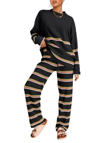 LILLUSORY 2 Piece Sets for Women 2025 Fall Outfits Two Piece Lounge Sets Sweatsuits Striped Knit Sweater Clothes Fashion StripedBlack-2 XL | Amazon (US)