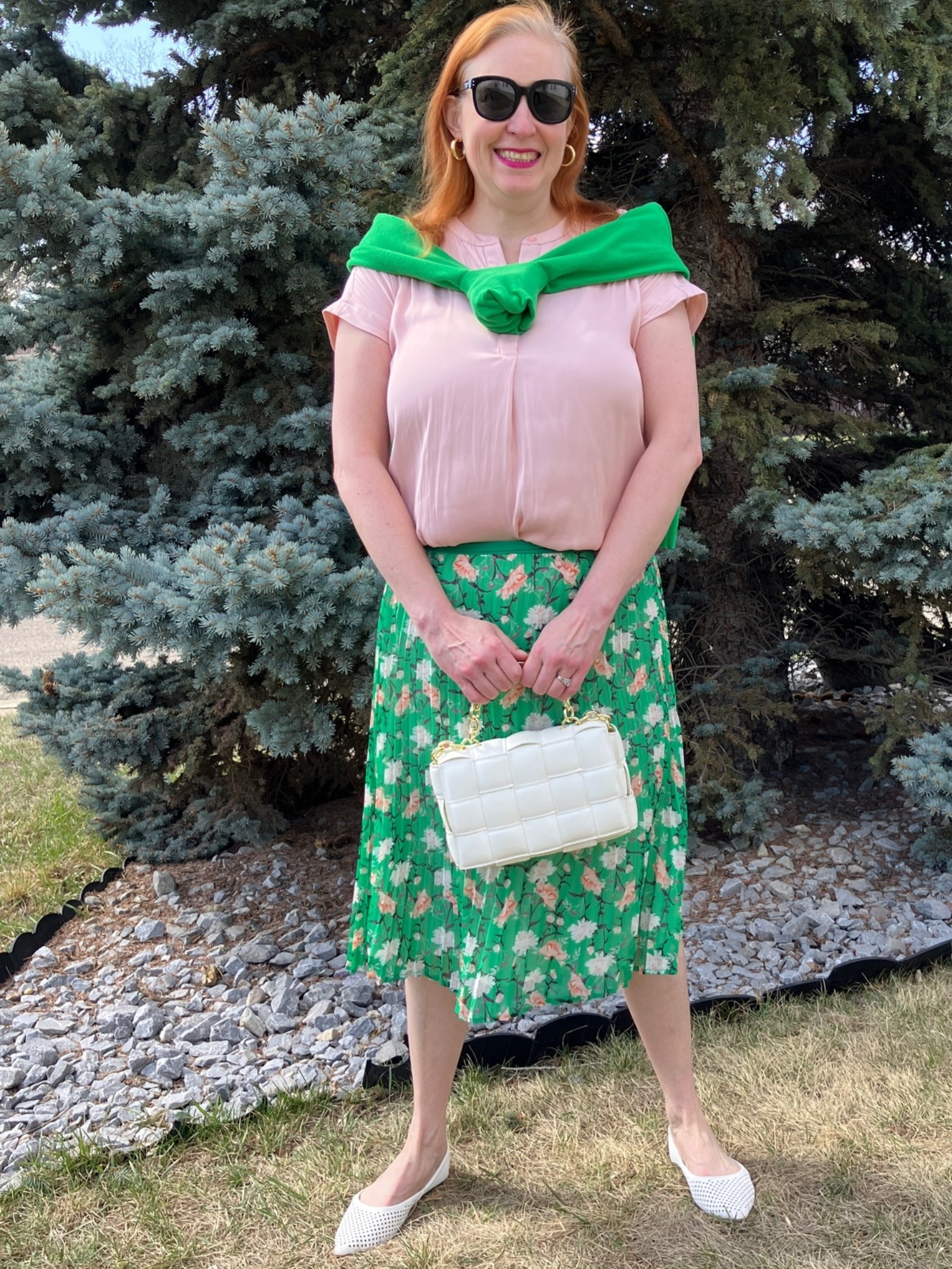 I can definitely strut in this outfit. Preppy and polished? Check. Pink and green together? Check. Trendy woven bag and perforated shoes? Check. Sassy sunglasses? Check. Ready for spring? Check. Positive and confident attitude? Double check! Hope every one of you is having an awesome Wednesday! Canadians click on the first links to shop, and Americans click on the second links to shop. If there’s only one link then you can shop it in your own country. And remember, trendy doesn’t have to be expensive! Bye!

#LTKcanada #LTKmidsize #LTKover50style