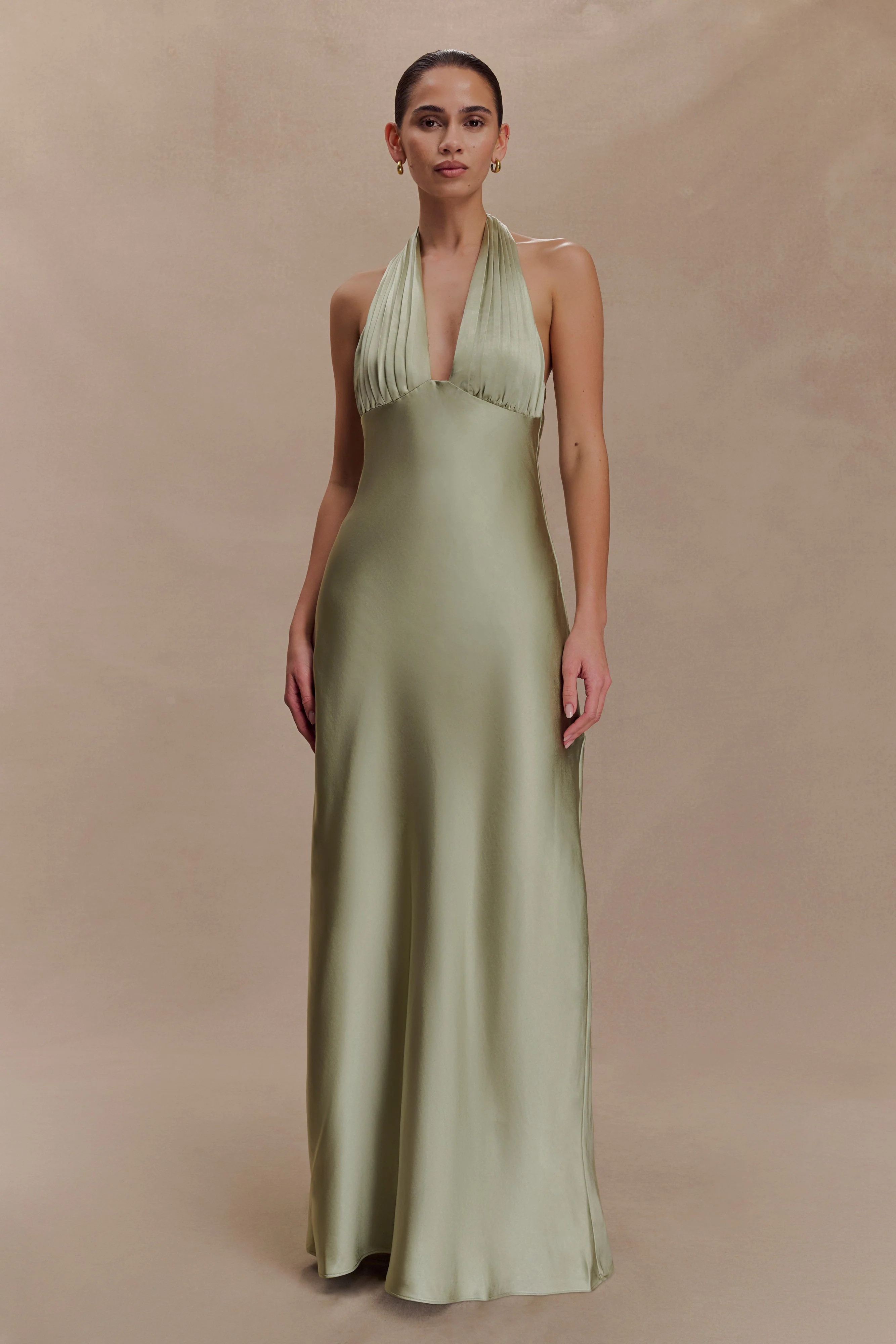 Alice Satin Halter Maxi Dress - Sage | Meshki UK