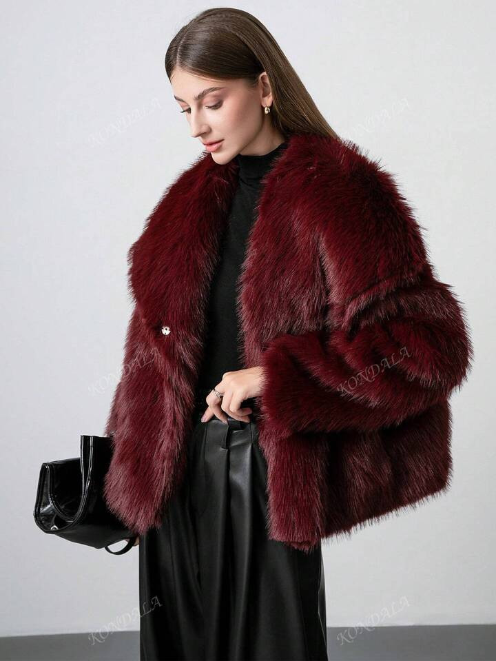 Women's Collared Fuzzy Short Jacket In Burgundy, Autumn/Winter | SHEIN