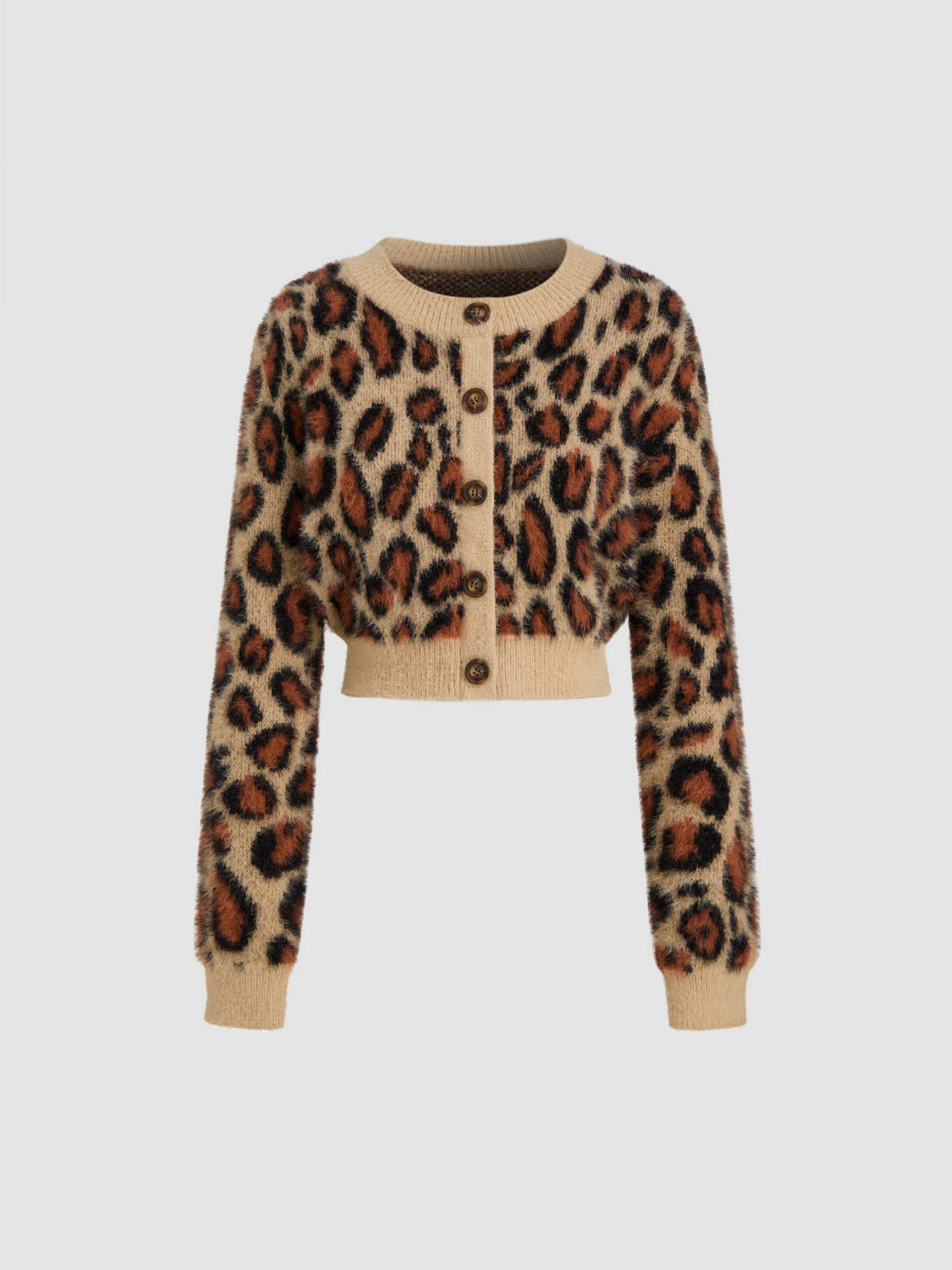 Knit Round Neckline Leopard Button Long Sleeve Cardigan | Cider