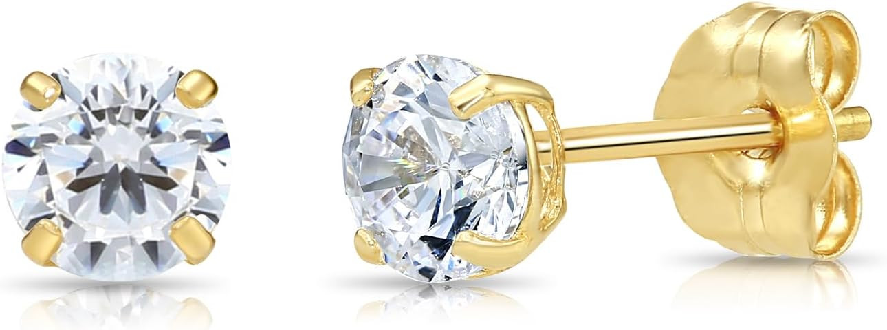 14k Yellow Gold Solitaire Round Cubic Zirconia Stud Earrings - Pushbacks | Amazon (US)