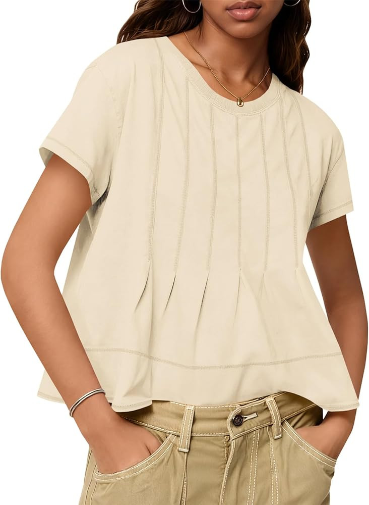 Tankaneo Womens Babydoll Tops Short Sleeve Peplum Pleated Summer T-Shirts Casual Loose Fit Flowy ... | Amazon (US)