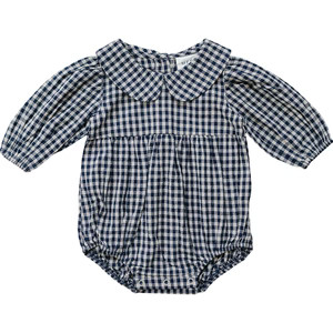 Mebie Baby Gingham Peter Pan Collar Long Sleeve Bubble Romper | 0-3 months to 18 months | Mebie Baby
