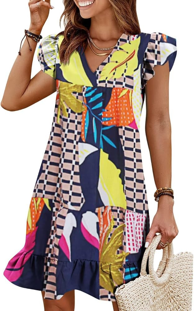 QACOHU Spring Summer Dresses for Women 2026 V Neck Cap Sleeve Ruffle Hem Smock Short Casual Beach... | Amazon (US)