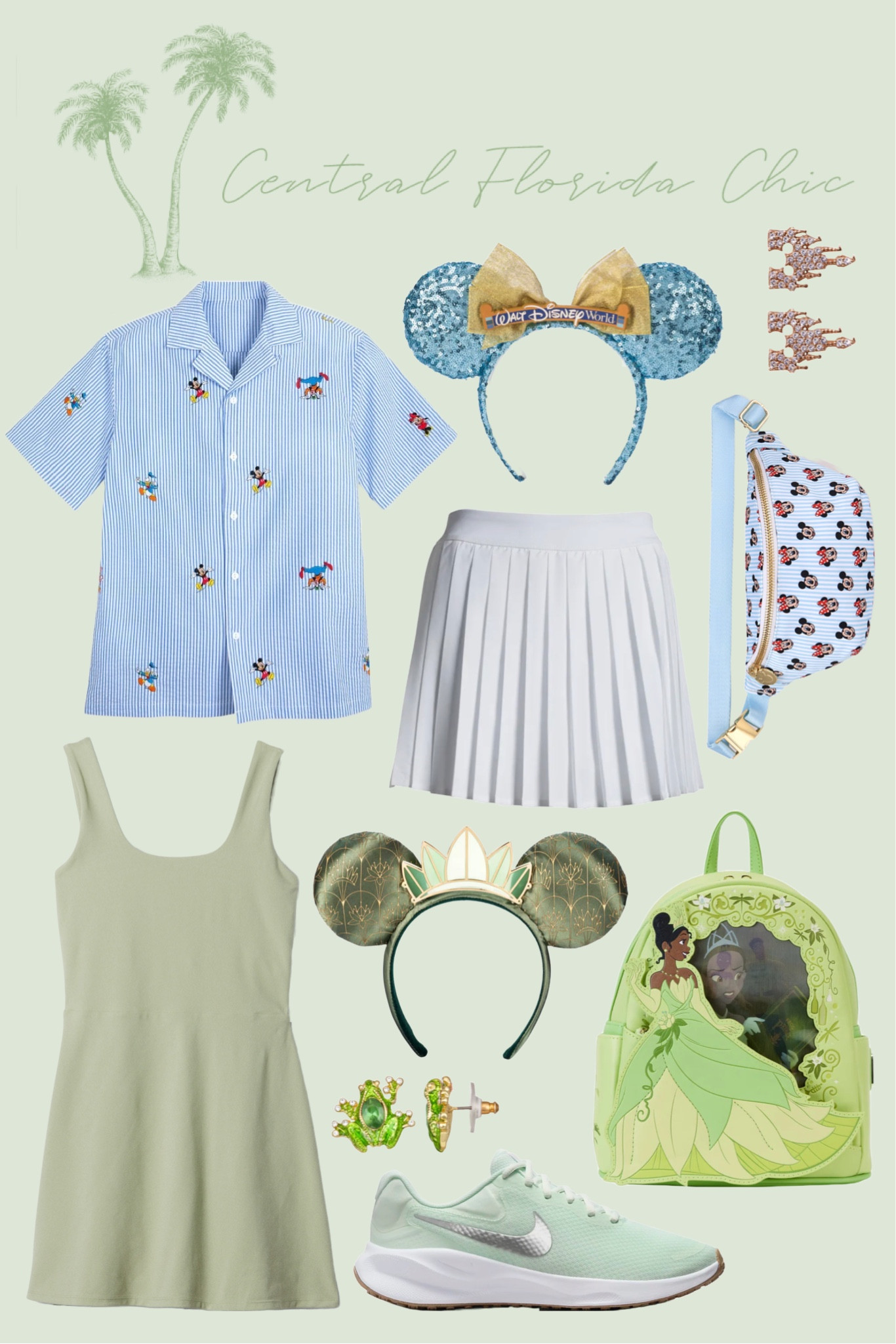 Disney World / Disneyland outfit packing. Princess and the Frog Tiana Disney bound and Mickey and Friends seersucker camp shirt. 