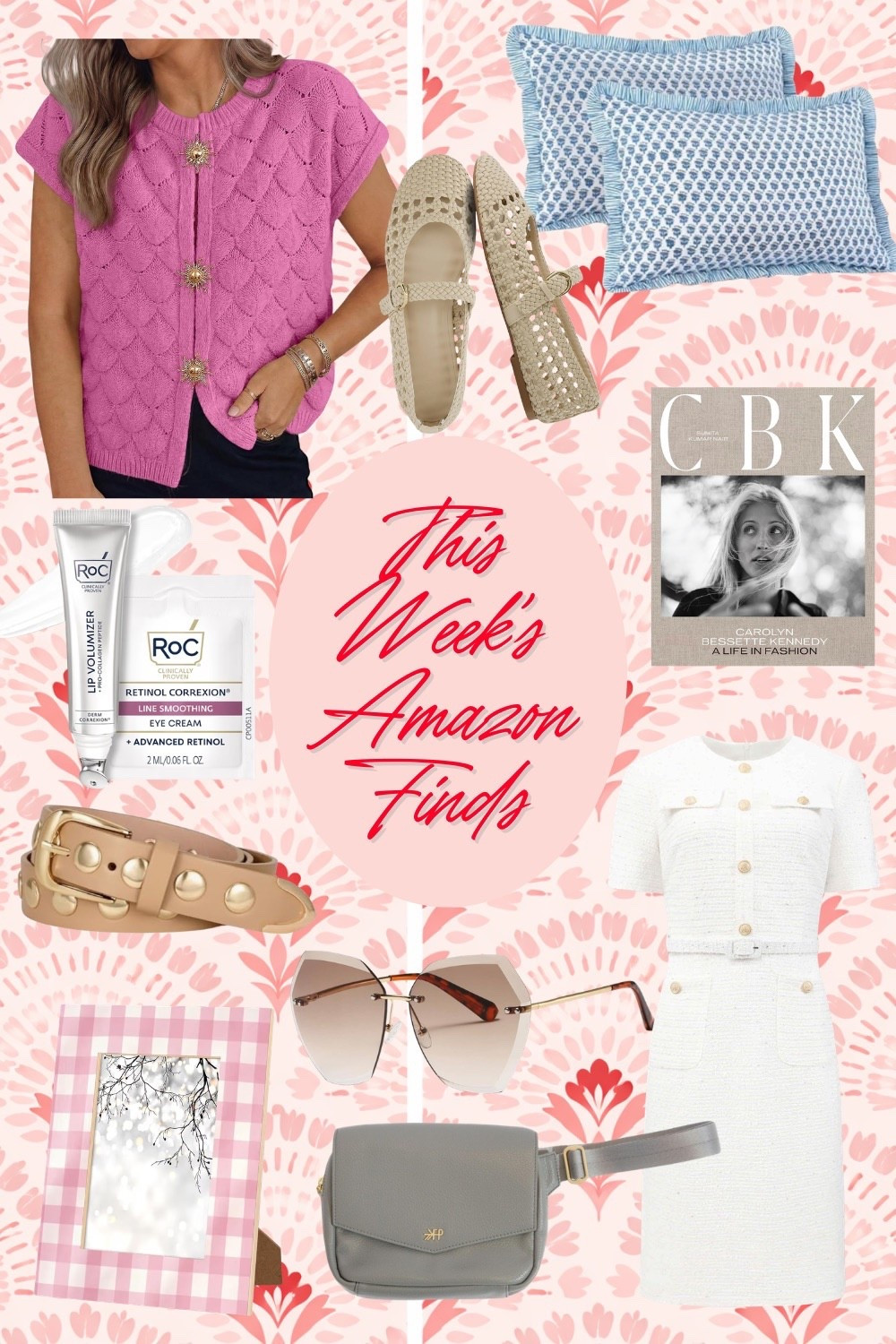This Week’s Amazon Finds

Amazon Fashion, Pink, Coffee Table Book, Gingham, Studded, Studded Belts, Oversized Sunglasses, Lip Plumper, Grand Millennial, Pillow Covers, Work Dress, Office Style, Mary Jane Flats, Gold, Pink Gingham 