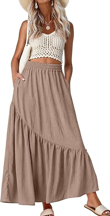 GRECERELLE Women's Boho Maxi Skirt High Waist Pleated A-Line Flowy Swing Asymmetric Tiered Long S... | Amazon (US)
