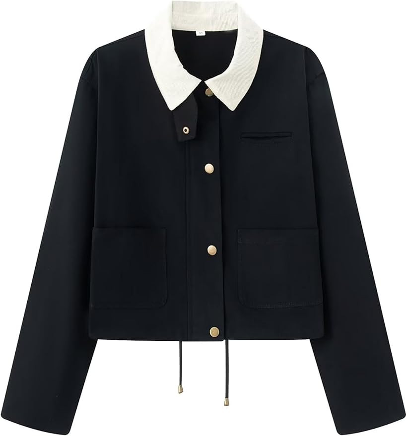Women's Oversized Cropped Jacket Contrast Corduroy Collar Trendy Barn Jacket with Pockets | Amazon (US)