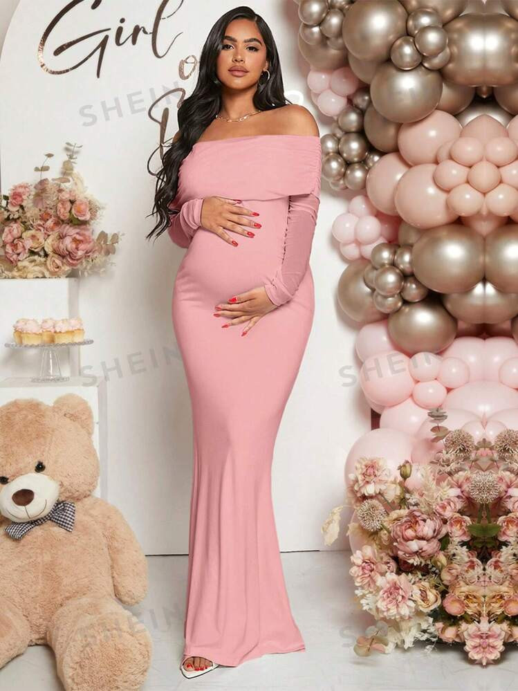 evoluSHEINLoomaby Pregnant Women Off-Shoulder Fishtail Baby Shower Long Sleeve Dress For Maternit... | SHEIN
