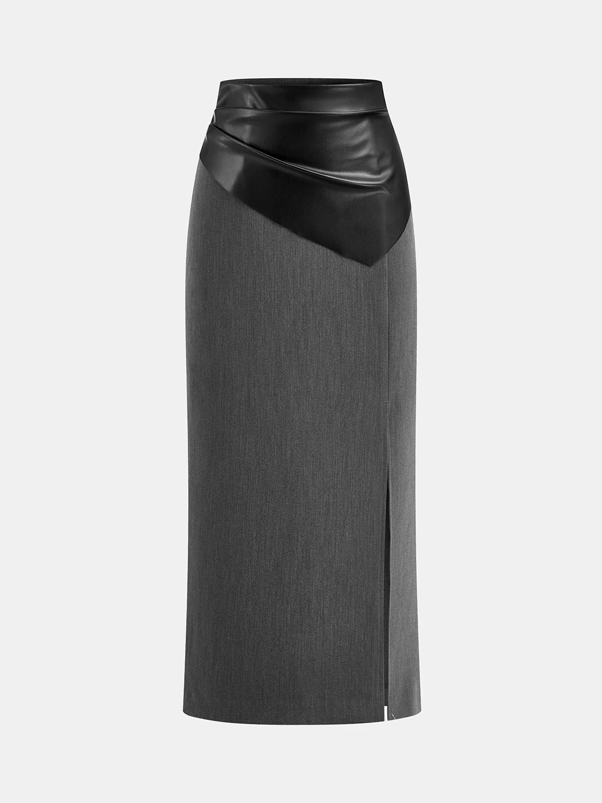 Faux Leather Paneled Slit Midi Skirt | Commense