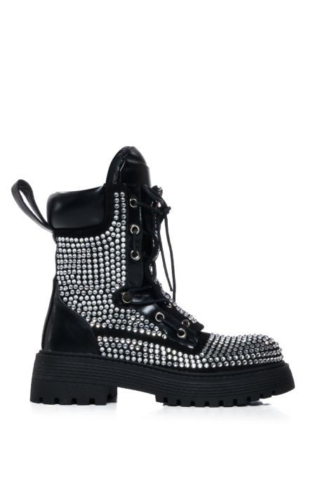 AZALEA WANG AMENITY BLACK RHINESTONE COMBAT BOOTIE | AKIRA