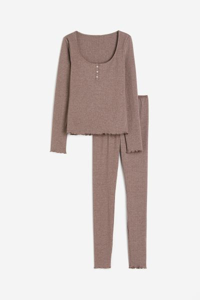 Pyjama top and bottoms - High waist - Deep neckline - Mole marl - Ladies | H&M GB | H&M (UK, MY, IN, SG, PH, TW, HK)