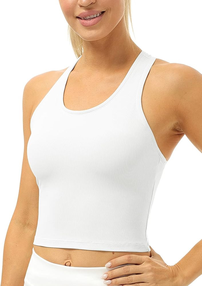icyzone Womens' Ribbed Racerback Workout Yoga Crop Tank Tops with Built in Bra | Amazon (US)