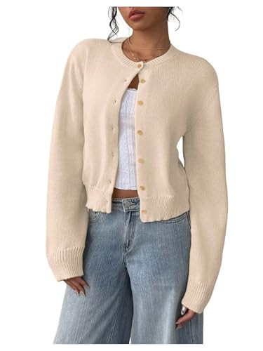 SOLY HUX Women's Button Down Cropped Lightweight Cardigan Sweater Cute Fall Fashion 2025 Solid Beige Large | Amazon (US)