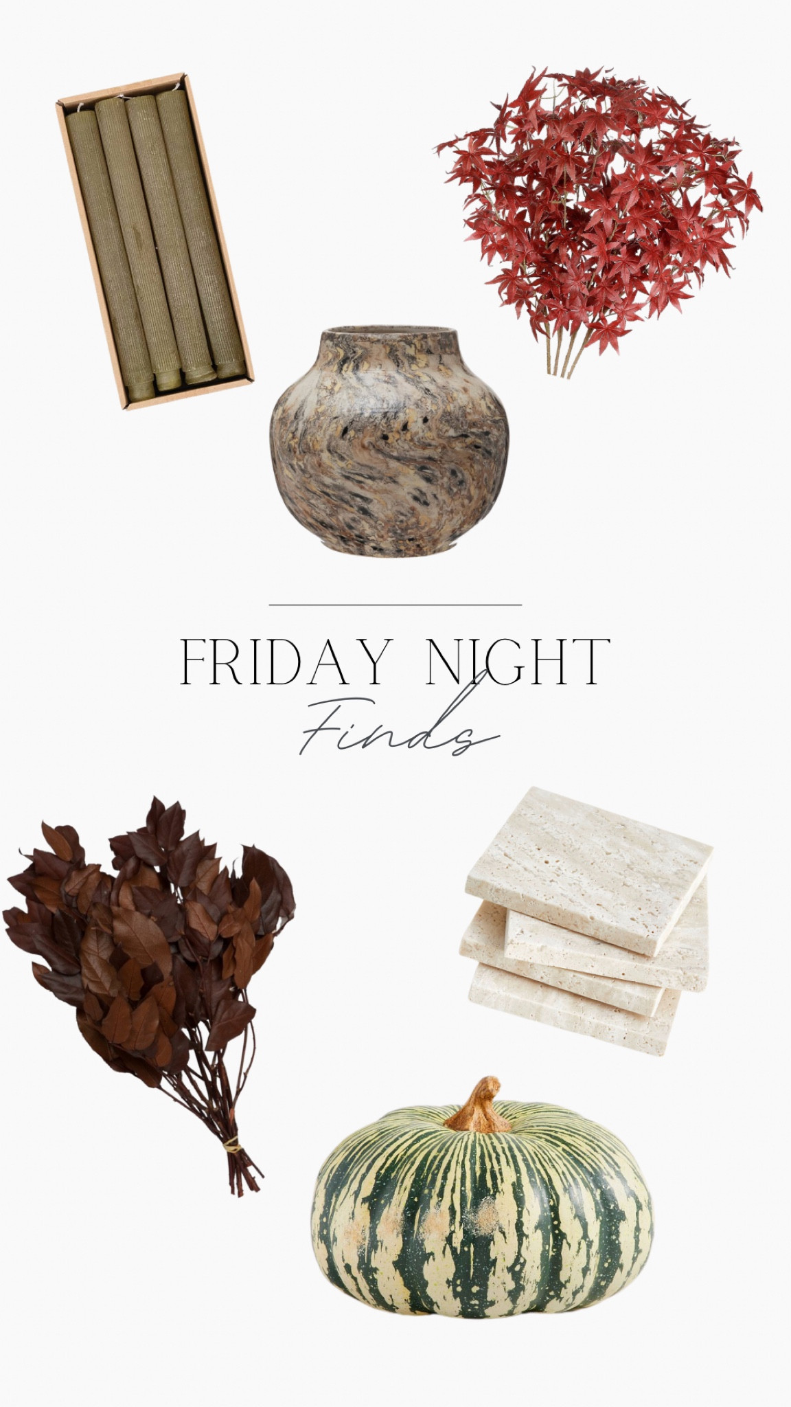 Friday finds 

Taper candles, vase, faux fall stems, travertine coasters, faux pumpkin

#LTKSeasonal #LTKSale #LTKhome