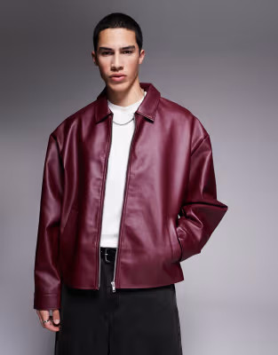 ASOS DESIGN faux leather oversized coach jacket in burgundy | ASOS (Global)