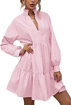 Rooscier Women's V Neck Lantern Long Sleeve Ruffle Babydoll Swing Mini Dress | Amazon (US)