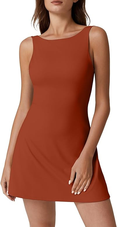 QINSEN Womens Open Back Tennis Dress Sleeveless Built in Shorts Golf Athletic Dress with Pockets | Amazon (US)