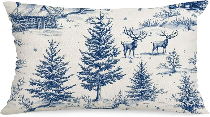 Christmas Pillow Cover 20x12 inch Blue Holiday Chinoiserie Winter Trees Decorative Throw Pillowca... | Amazon (US)