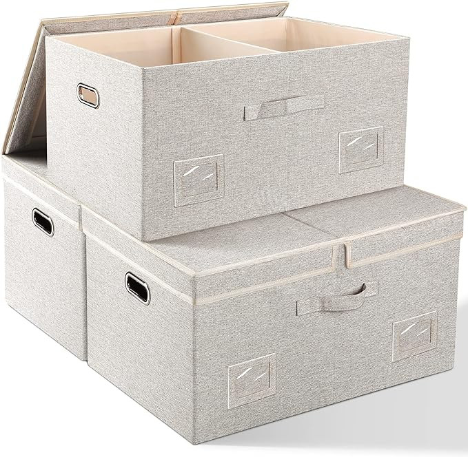 75 Quarts Extra Large Decorative Storage Bins with Lids, 3 Packs Beige Collapsible Storage Bins w... | Amazon (US)
