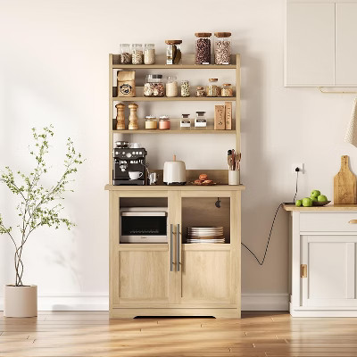 Farmhouse Bakers Rack with Glass Door, Kitchen Hutch Pantry Cabinet, Kitchen Coffee Bar Cabinet for Spices, Dishes, and Pots | Target