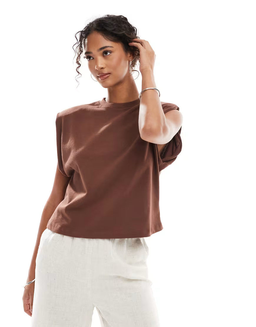ASOS DESIGN sleeveless top with shoulder pads in brown | ASOS (Global)