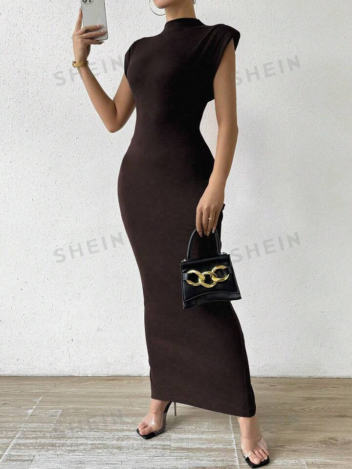 SHEIN Privé Women Fashionable Summer Stand Collar Solid Color Waist-Tie Dress | SHEIN