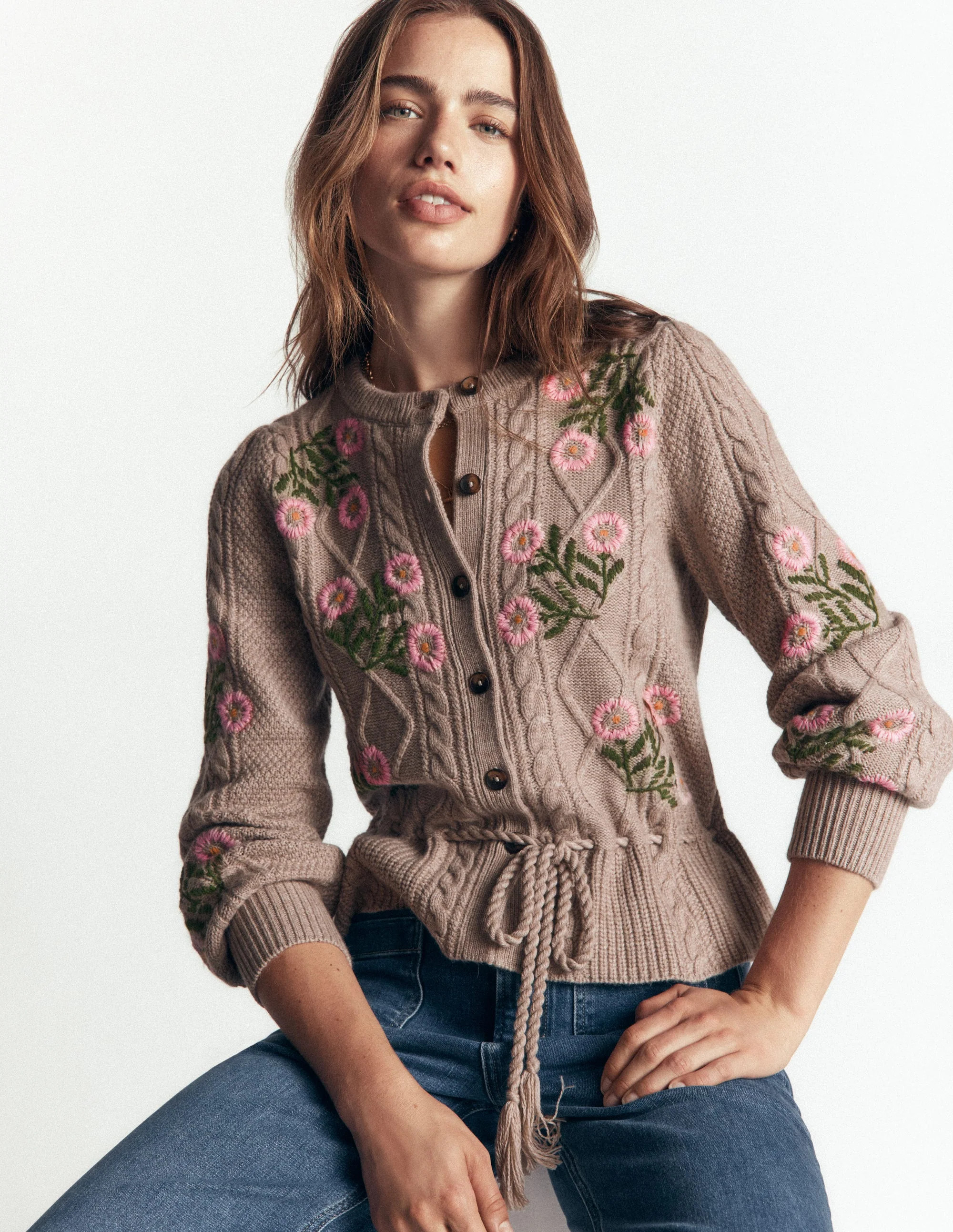 Cable Knitted Cardigan-Mink Melange, Embroidery | Boden (US)
