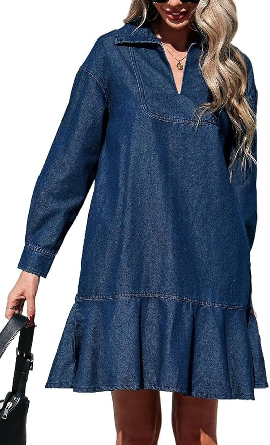 Womens Denim Mini Dress Ruffle Hem Collared V Neck Tiered Mini Babydoll Dress Casual Flowy Jean D... | Amazon (US)