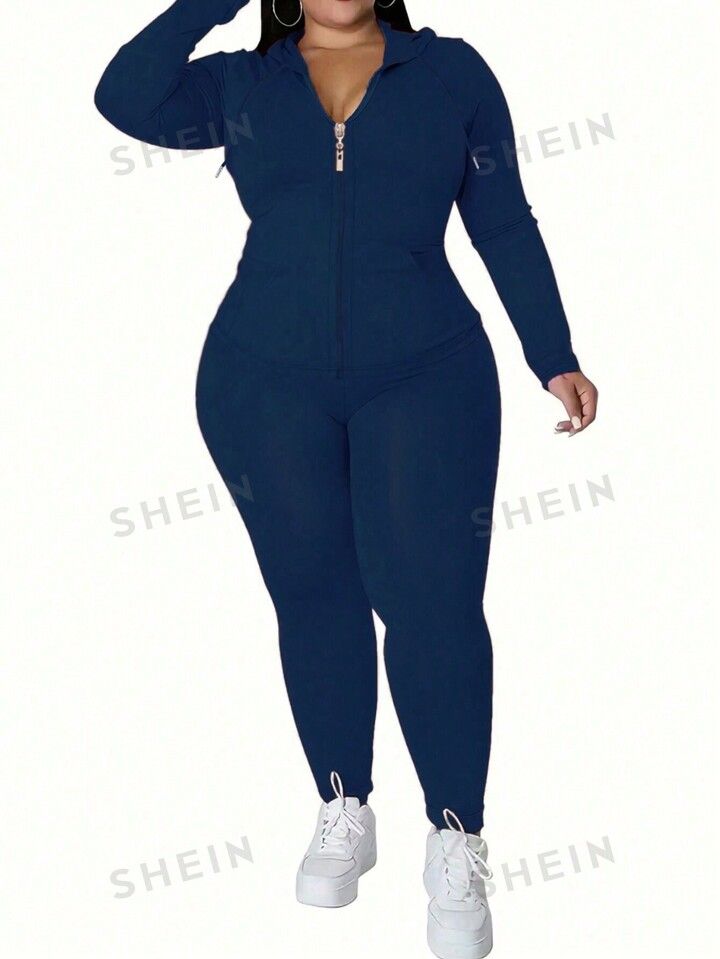 SHEIN Slayr Plus Size Women's Zipper Front Hooded Top And Leggings Two Piece Set | SHEIN