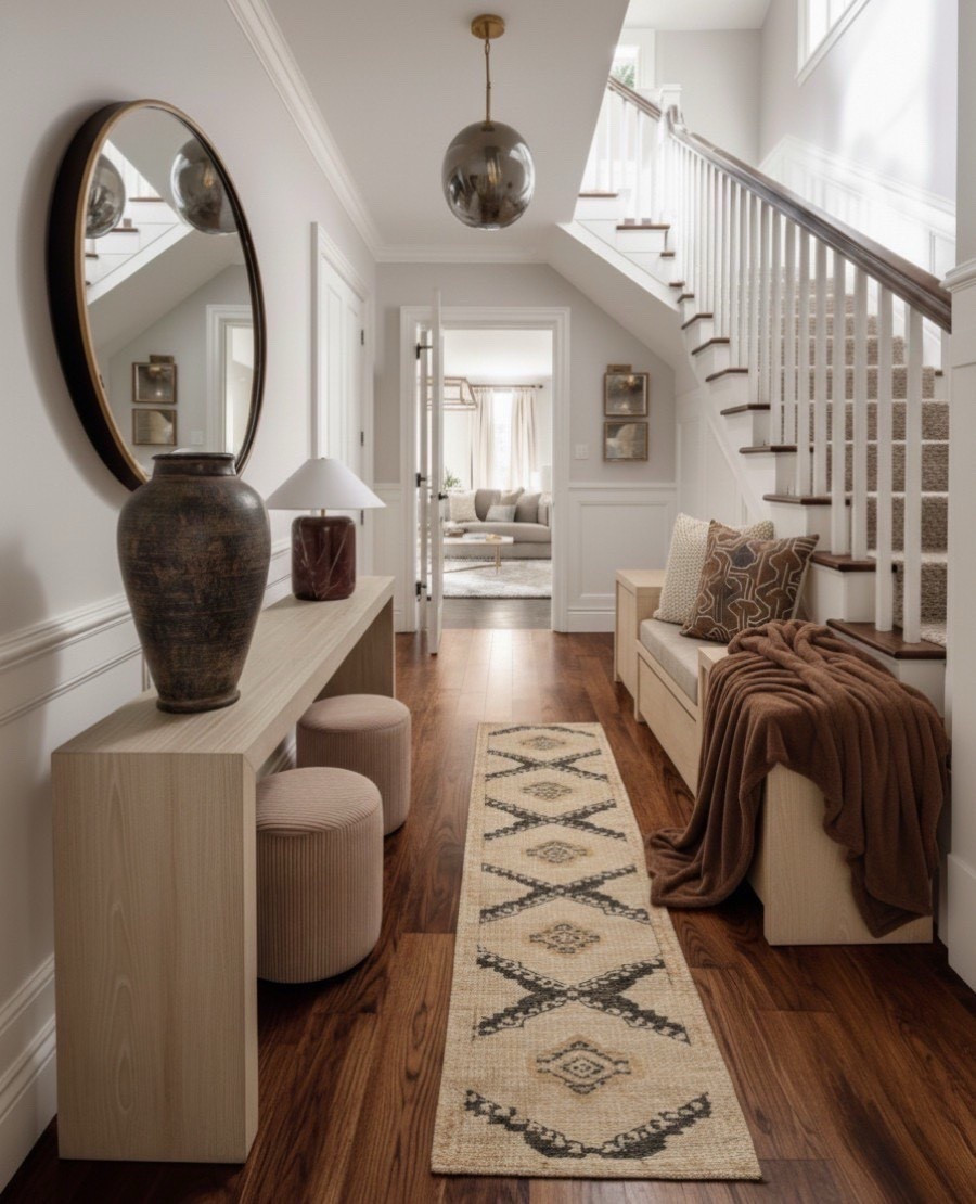 A foyer should set the tone for the entire home. Calm, refined, and effortlessly welcoming. This entryway blends modern transitional design with warm neutral textures for a look that feels both timeless and lived-in.

The wood console table grounds the space, while round ottomans tuck neatly beneath for functional layering. A large round mirror reflects soft light throughout the hall, adding depth and balance against the clean architectural lines.

I styled the look with a geometric jute runner, ceramic table lamp, and warm throw blanket, simple pieces that create an inviting first impression. It’s proof that even the smallest spaces can feel curated and intentional. 

#LTKSaleAlert #LTKHome