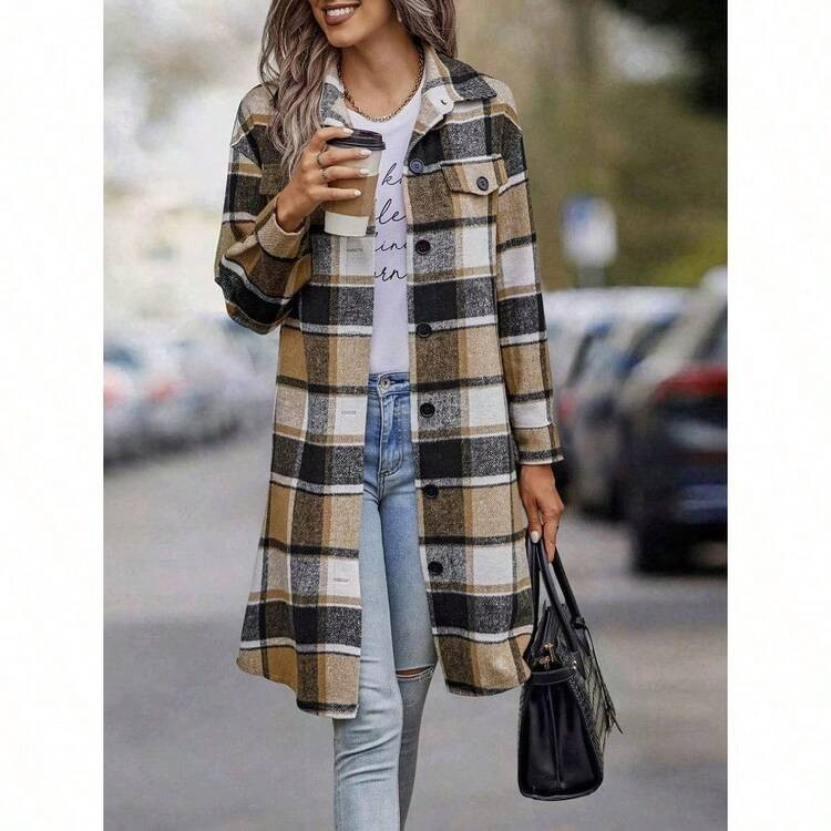 Women's Plaid Shacket Long Sleeve Button Up Flannel Shirt Winter Tartan Jacket Woolen Coats | SHEIN