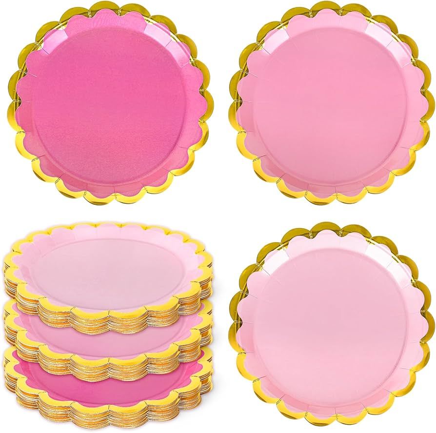 Whaline 30Pcs Pink Paper Plates Gold Foil Scalloped Border Disposable Plates 3 Colors Gradient Da... | Amazon (US)