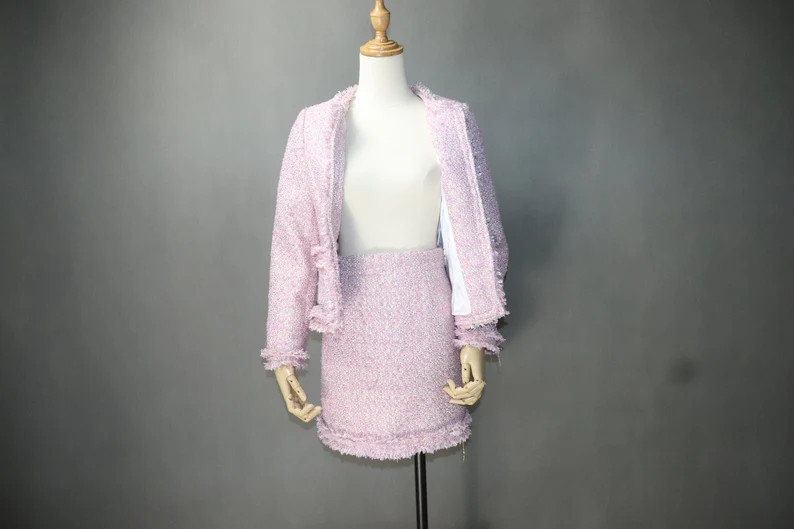 Womens Big Pockets Custom Made Tassel Tweed Skirt Suit Pink - Etsy | Etsy (US)