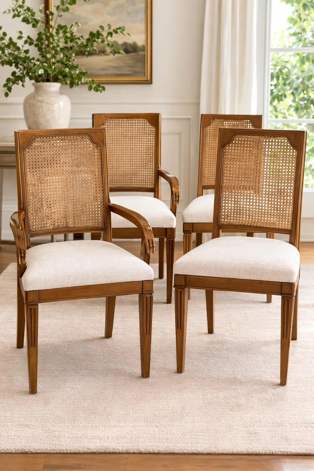 Vintage Cane Back Dining Chairs Set – Upholstered Linen Seats, Wood Frames | Etsy (US)