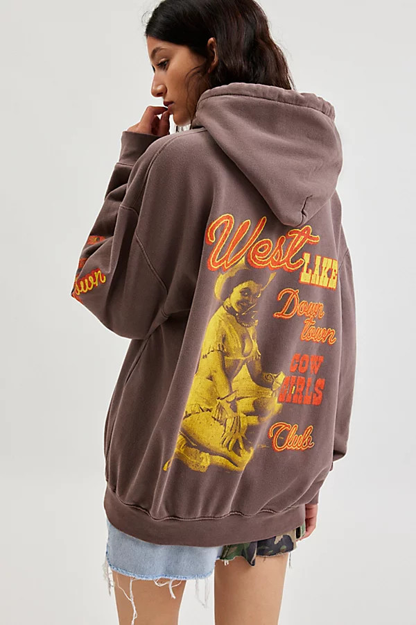Cowgirls Club Graphic Overdyed Hoodie Sweatshirt in Chocolate, Women's at Urban Outfitters | Urban Outfitters (US and RoW)