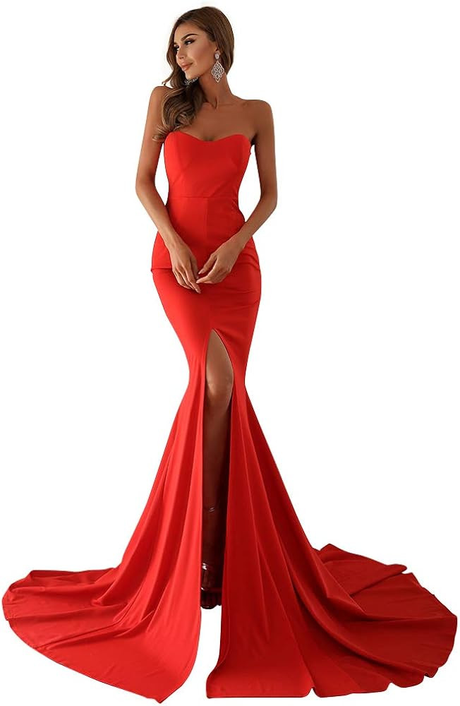 Miss ord Strapless Asymmetric Slit Front Wedding Evening Party Maxi Dress | Amazon (US)