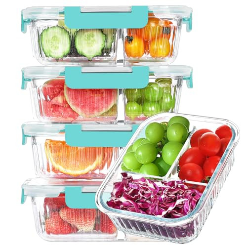 KOMUEE Glass Meal Prep Containers 3 Compartment with lids, 5 Pack 36 oz, Airtight Food Storage Glass Lunch Bento Box, Dishwasher and Microwave Safe,Green | Amazon (US)