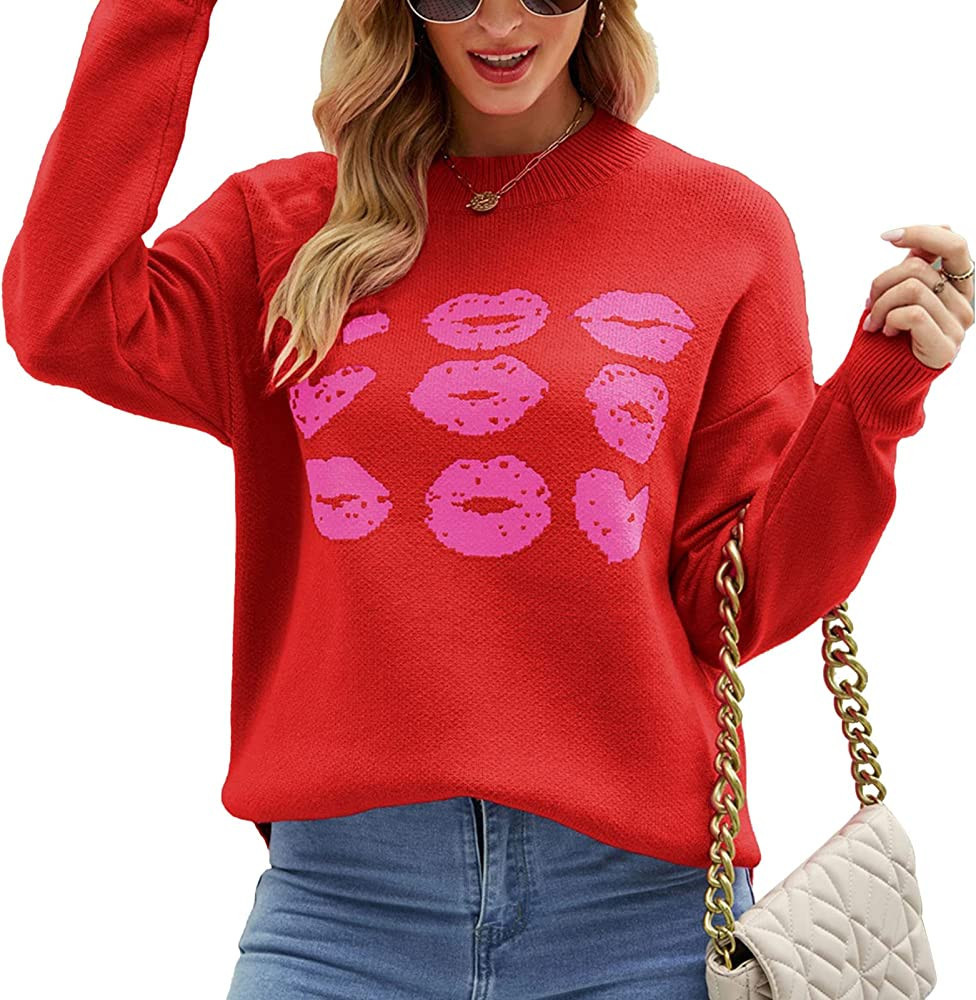 Red Lip Print Sweater Round Neck Sweatshirt Jumpers Sleeve Sweater Elastic Cuff Dropped Shoulder ... | Amazon (US)