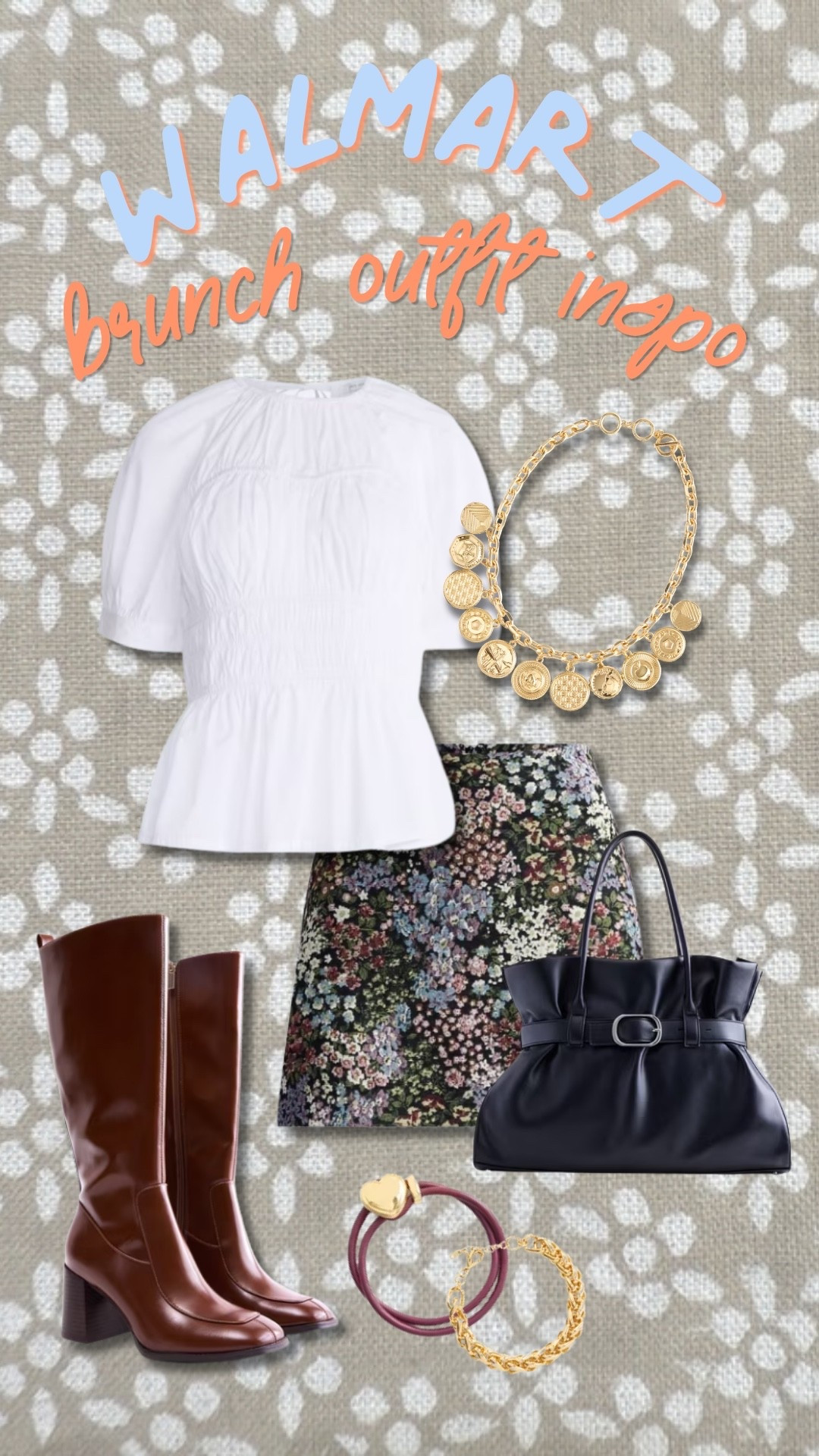 Walmart brunch outfit inspo for a cute fall day out. I love the floral skirt paired with the white top, brown boots, and navy bag for a pretty seasonal look.

#LTKootd #LTKdayinmylife #LTKgrwm